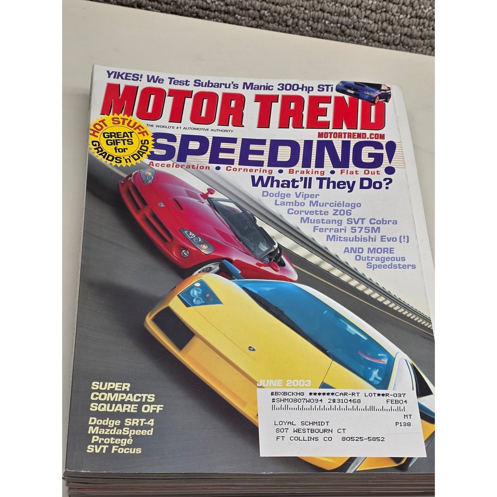 Motor Trend Magazine 2003 Lot of 5 June July August Oct Dec Ferrari‎ Enzo Viper